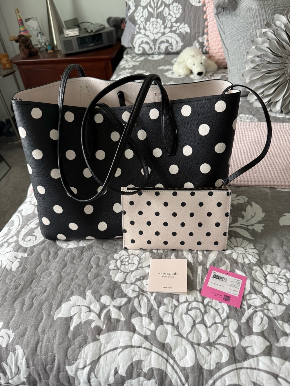 kate spade Aldy Black & White Polka Dot Tote with Wristlet- NWT
